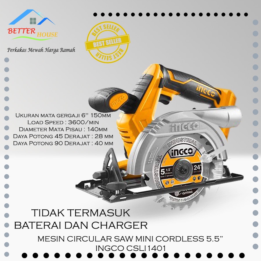 Mesin Circular saw mini cordless 20V 5.5 inch INGCO CSLI1401 UNIT ONLY