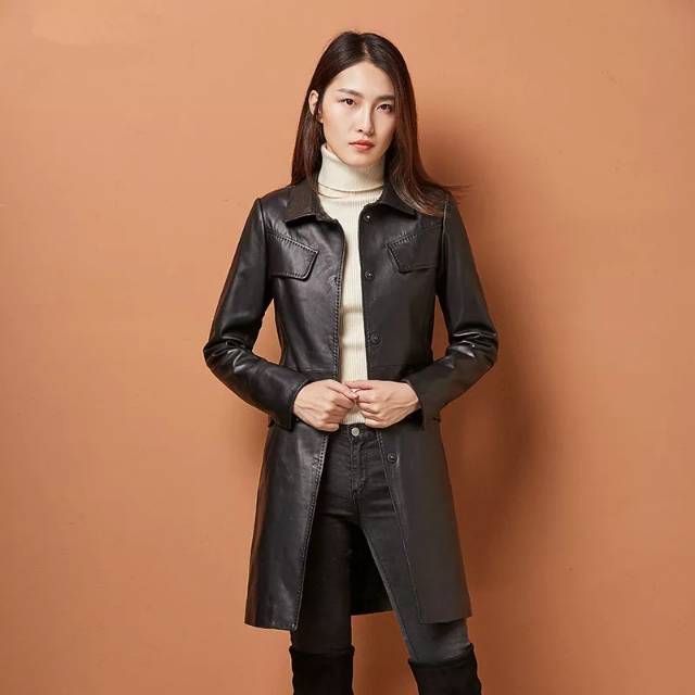 JAKET KULIT WANITA TRENCH PANJANG KUALITAS SUPER KULIT DOMBA ASLI