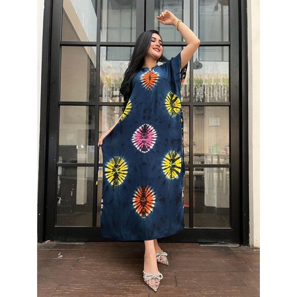 Daster panjang galaran kancing depan busui tali samping motif viral tiedye shibori-SK Yuppy Navy