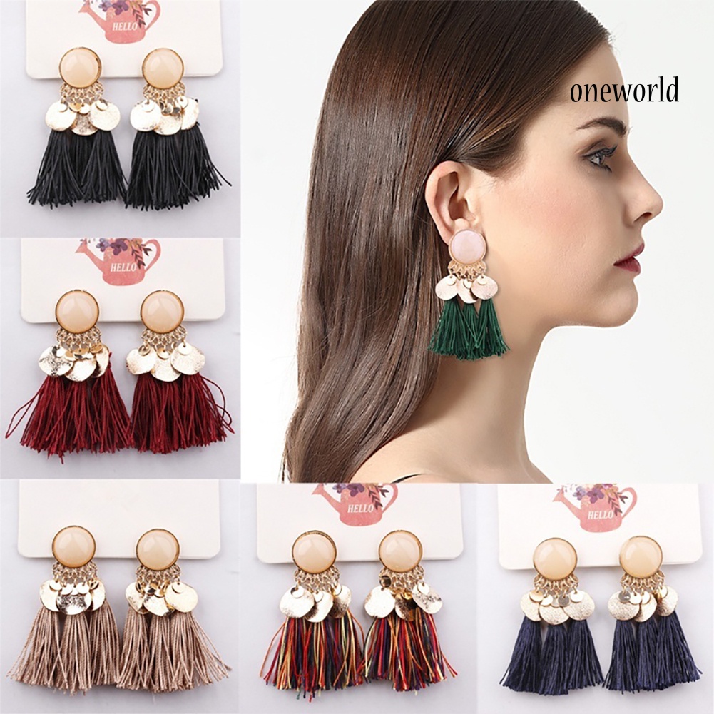 OW@ 1Pair Women Bohemian Tassels Sequins Ear Stud Dangle Earrings Banquet Jewelry