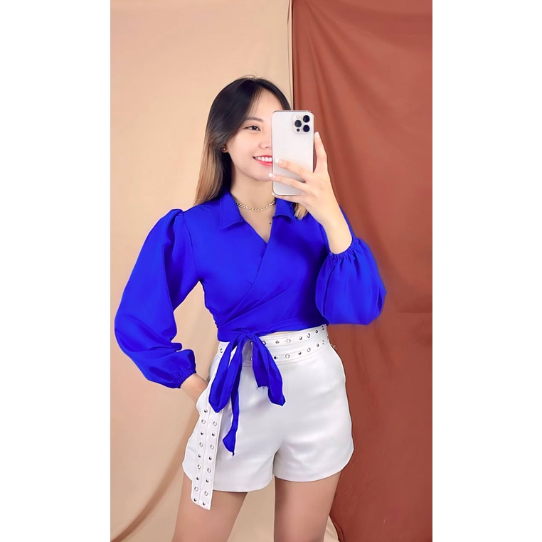 Tq88indonesia Fashion Baju Blouse Wanita Terbaru / Angelie Wrap Top / Busana Casual Cewek / Blus Polos Lengan Panjang / Ootd Kekinian / Outfit Kasual