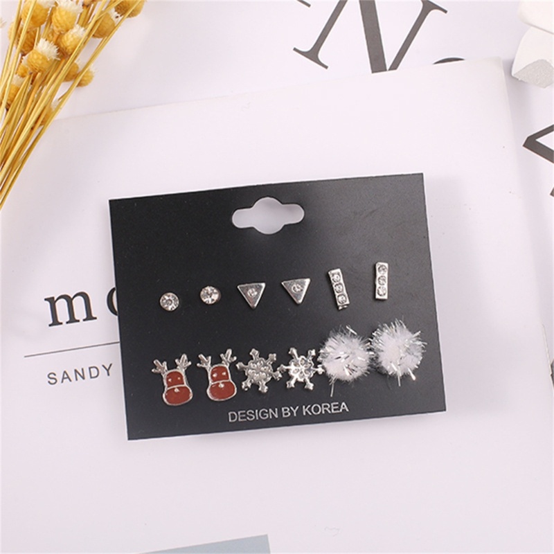 6 Pasang Anting Stud Desain Rusa Snowflake Natal Untuk Wanita