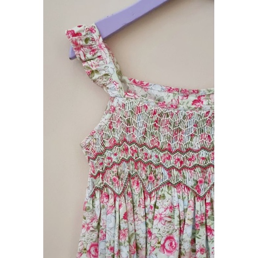 Pretty Stitches - Baju Anak, Smocked Dress, Pink and Blue Roses on Pistachio, Size 5