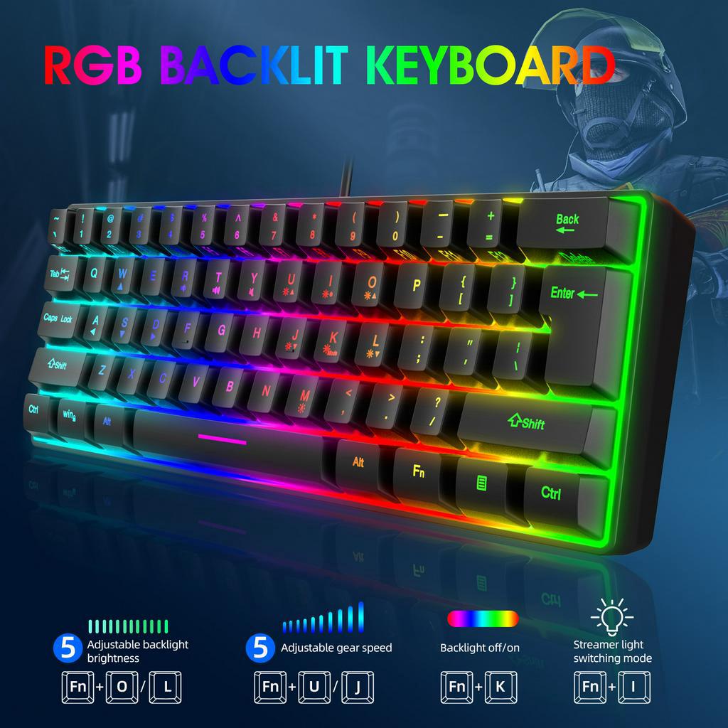 Y-FRUITFUL Keyboard Gaming RGB Backlit Mechanical Feel 61 Key Wired - K401 - Black