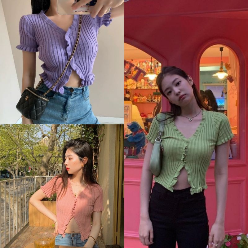 [BISA COD] BARU JENNIE BLACKPINK CROP TOP KNIT PREMIUM FASHION KOREA // ATASAN RUFFLE CROPTOP CEWEK