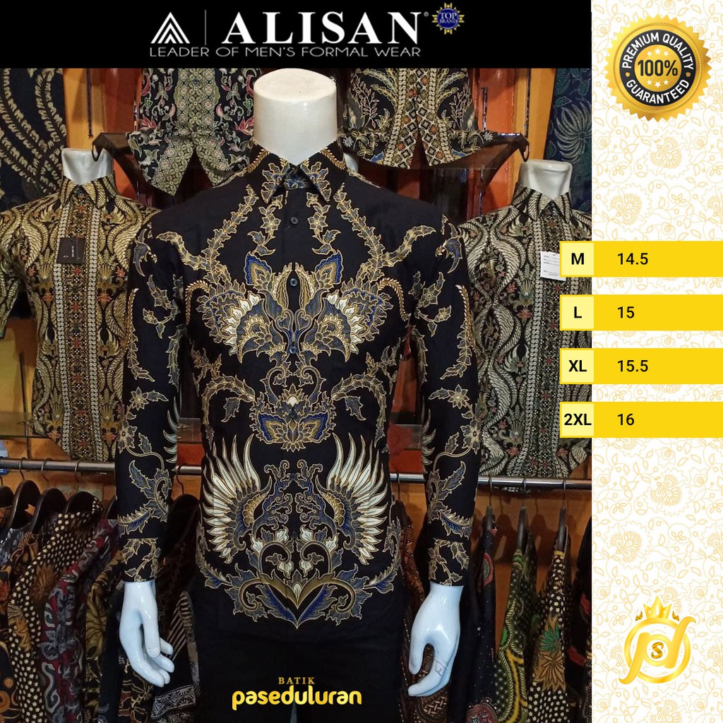 Kemeja Alisan Batik SlimFit Premium Katun  Motif Ukiran Sayap Cinta Warna Hitam Emas