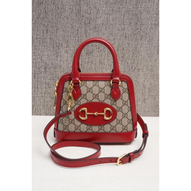 Gucci mini GG supreme 1955 Horsebit top handle bag in beige/red canvas ghw