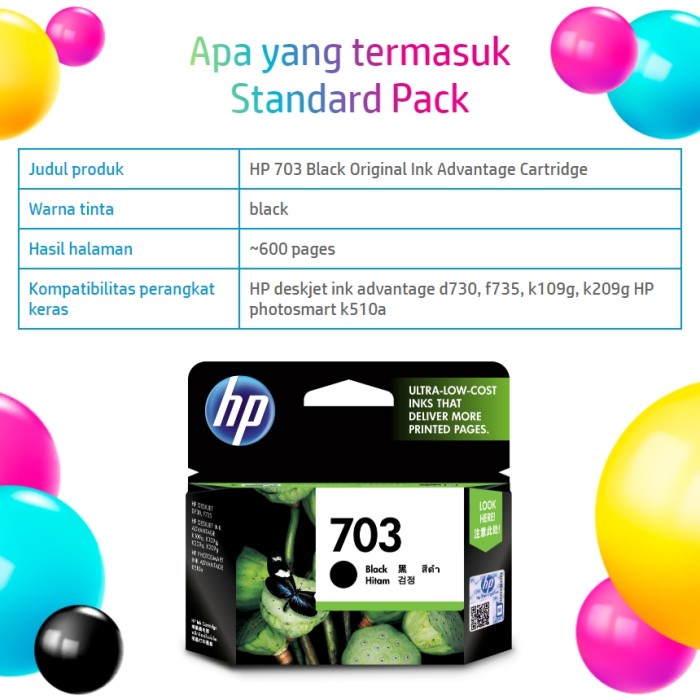 CARTRIDGE HP 703 BLACK / TINTA CATRIDGE HP703 HITAM ORIGINAL - RESMI