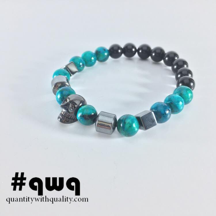 Gelang Batu Cowok Cewek (blue chrysocolla, onyx, and hematite) - SKULL