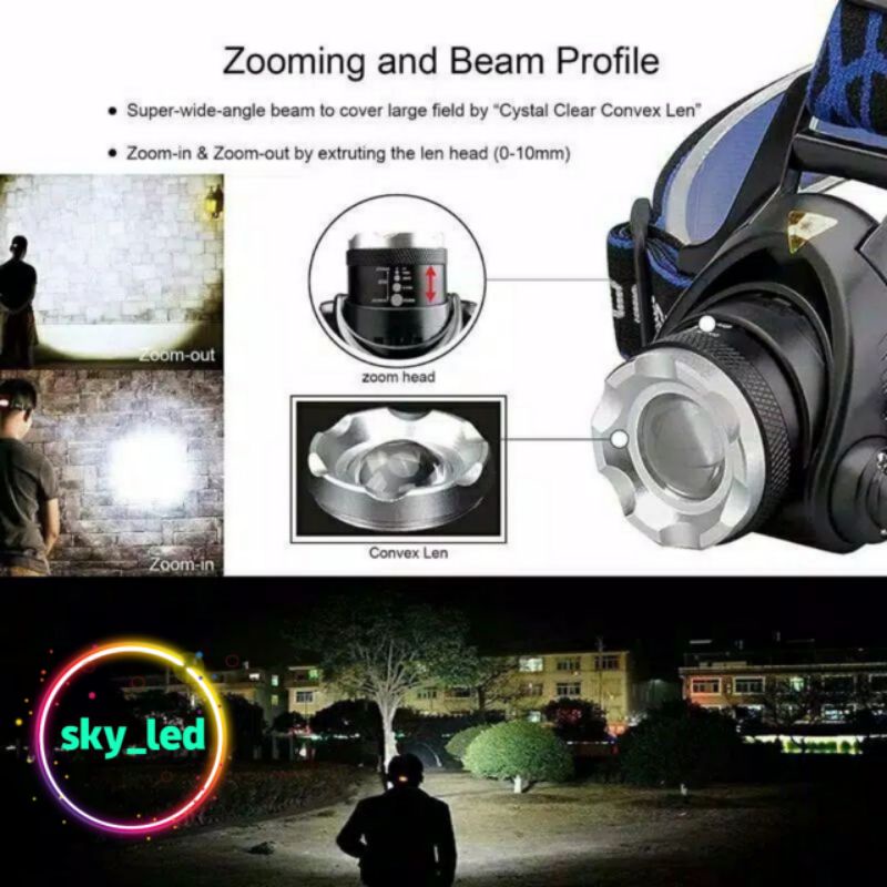 Senter Kepala LED Zoom Super Terang Headlamp LED Cree XML T6 (senter kepala+baterai+chas)   Waterproof Anti Air