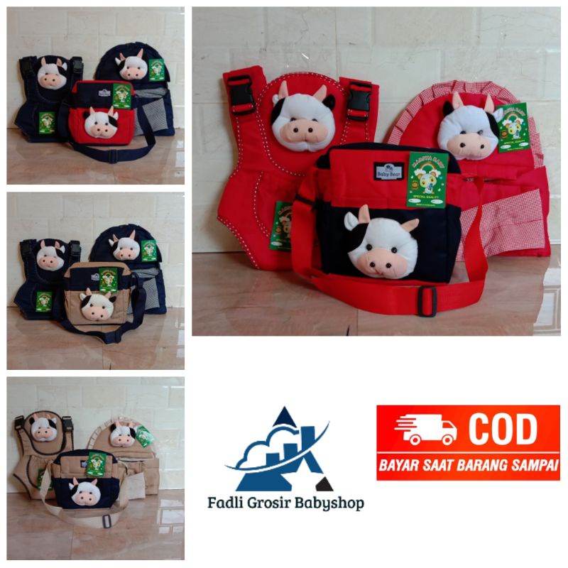 Paket Hemat ( 3 in 1 ) Tas Bayi Boneka Sapi Gendongan Bayi Boneka Sapi Dan Gendongan Bayi Depan Ransel