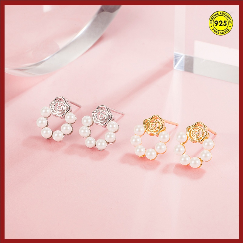 Anting Tusuk Sterling Silver 925 Model Bunga Mawar Dengan Mutiara Untuk Wanita U929