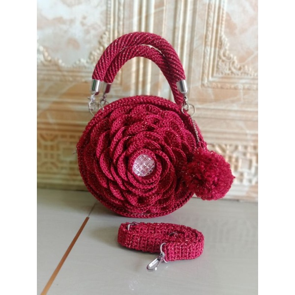 tas rajut bulat  motif bunga 2in 1