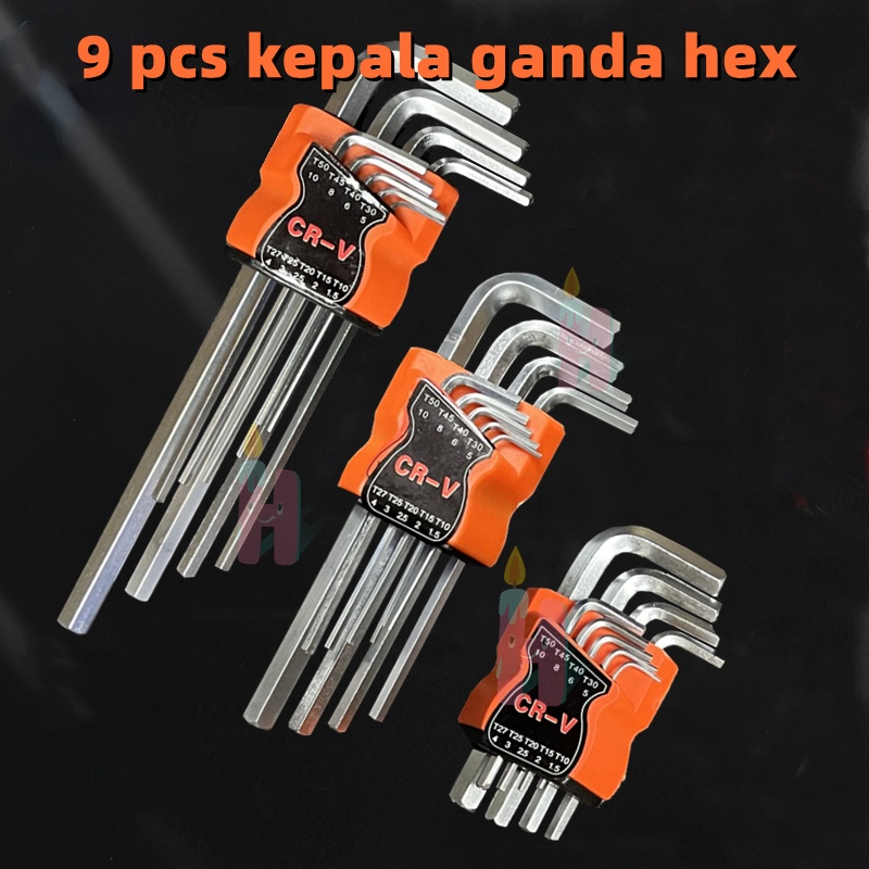 (COD) L Key Set 9pcs Double-End Hex Set Key Kunci DURABLE CRV set L-shaped Type Allen Key Set End Wrench Tool Point EXTRA LONG Allen Long Wrench Tools Hexagon Flat End Kit Spanner Wrenches 3 Sizes Torx Wrench Loading and unloading multipurpose