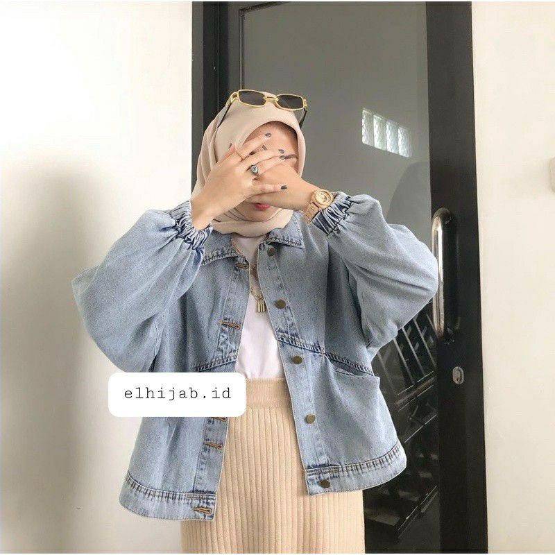 JAKET JEANS OVERSIZE LENGAN BALON / JAKET JEANS WANITA OVERSIZE LD 100-120
