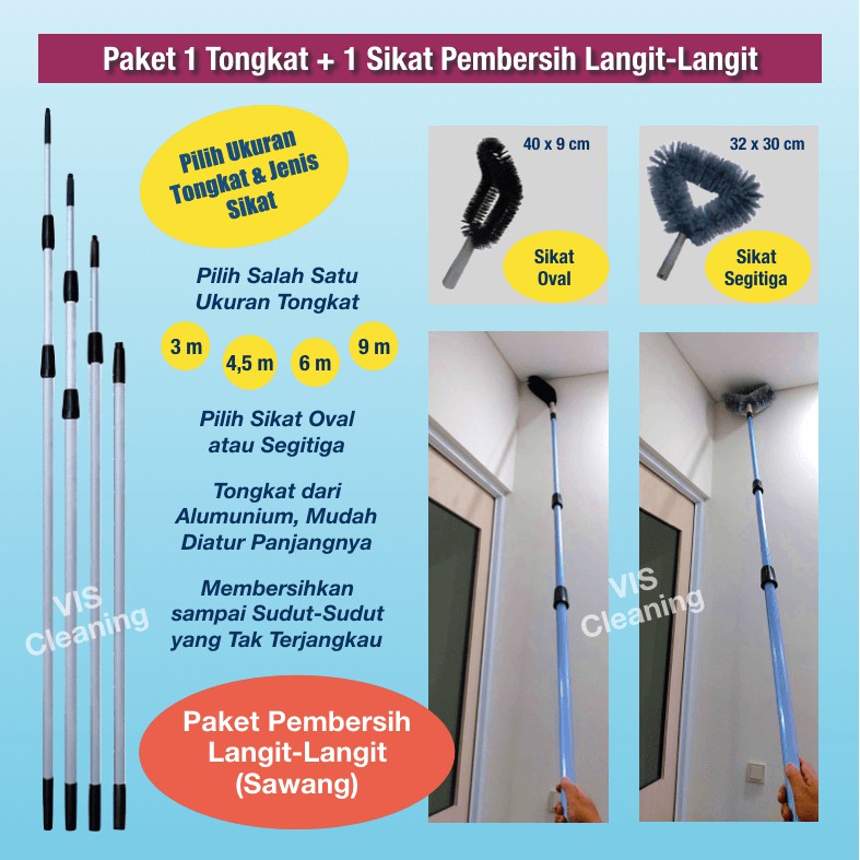 Paket Lengkap Tongkat Teleskopik / Telescopic Pole 3 m+Pembersih Jendela+Sikat Sawang