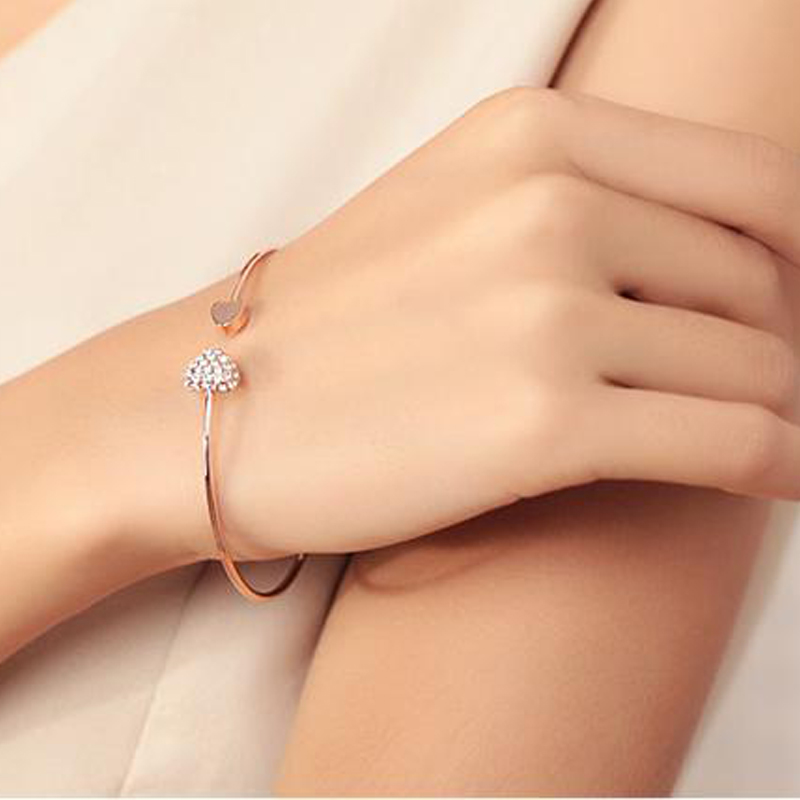 Korean Diamond Heart-shaped Love Bracelet Open Gold Silver Plated Bangles Jewelry