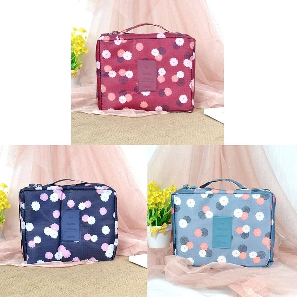 Tas Travel Kosmetik Parasut Motif Bunga Wanita Import Kwalitas 1050 // 91020