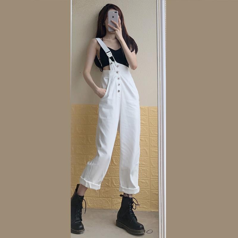 Ukuran besar denim putih single overall wanita fashion baru desain kaki lebar celana rasa pinggang t