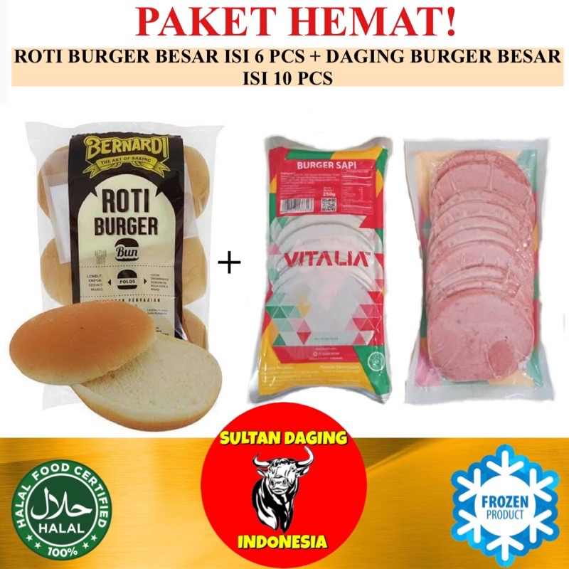 

PAKET BURGER BESAR BERNARDI ROTI ISI 6 PCS DAN DAGING BURGER VITALIA ISI 10 PCS/ PAKET BURGER/ PAKET
