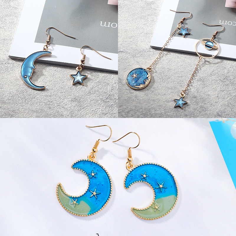 Anting Rumbai Panjang Asimetris Desain Planet Bintang Biru