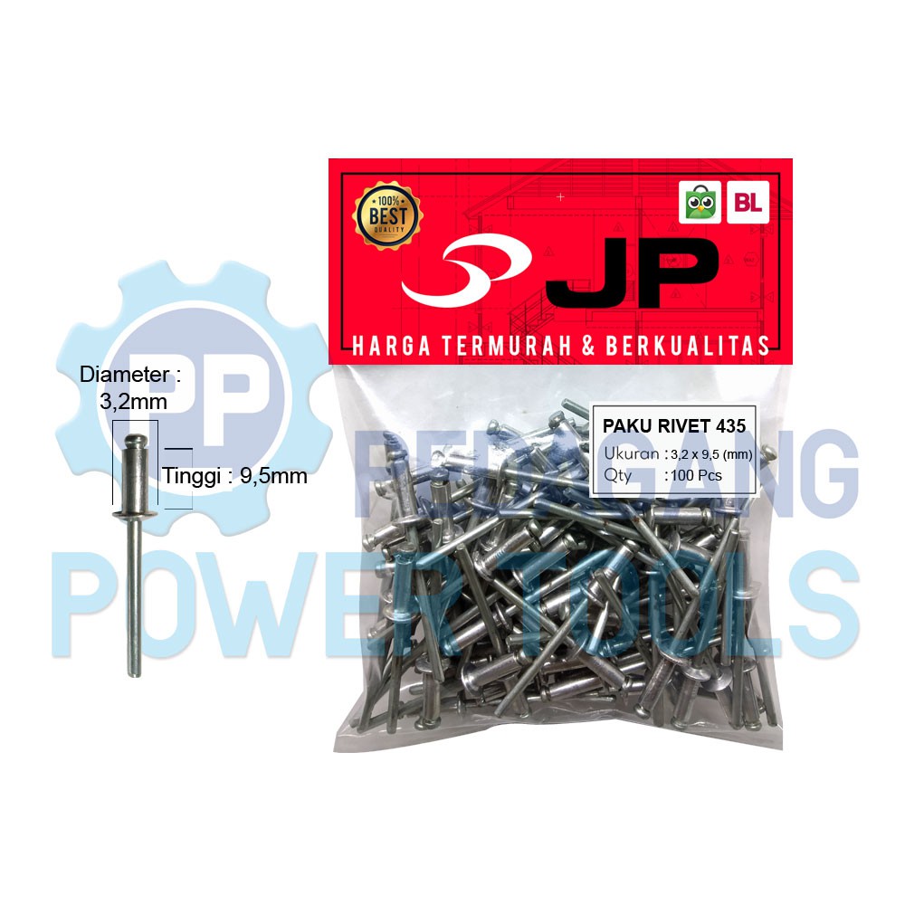 PAKU RIVET 3.2 X 9.5 MM 435 BLIND RIPET RIFET TEMBAK ALUMINIUM 100 PCS