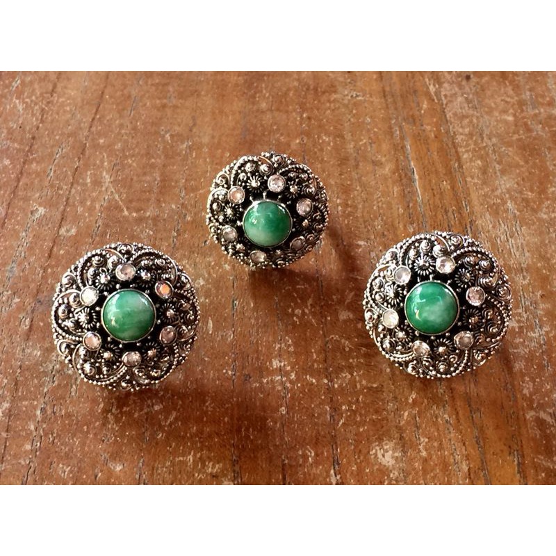 set anting dan cincin silver 925 motif perak bakar giok