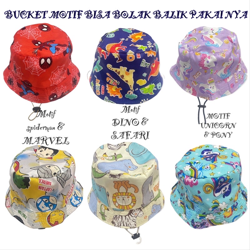 Topi bucket anak motif karakter Bisa dipakai Bolak balik 2-10thn