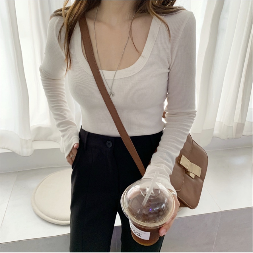 GirlWish Fashion Korean Crop Knit Top Long Sleeve U-Neck Knit Top Atasan Crop Lengan Panjang Atasan Wanita LS001