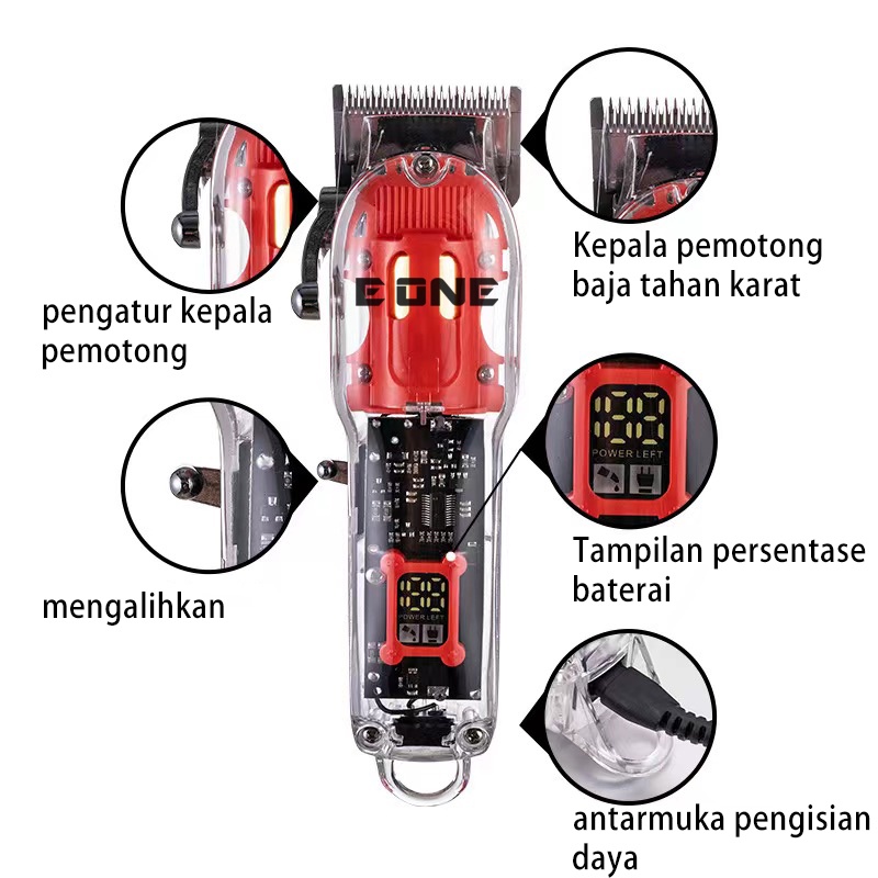 E ONE cukur rambut elektrik tanpa kabel (benar-benar transparan) - Garansi 1 tahun