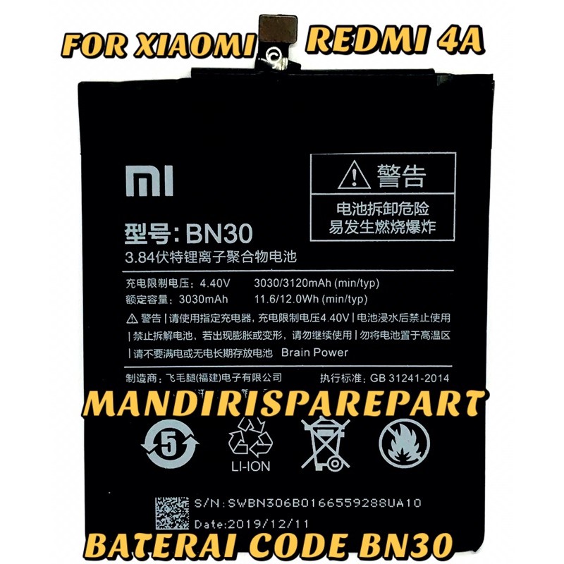 Batre Baterai Xiaomi Redmi 4A Bn30 Baterai Xiaomi Redmi 4A Bn30 Original New