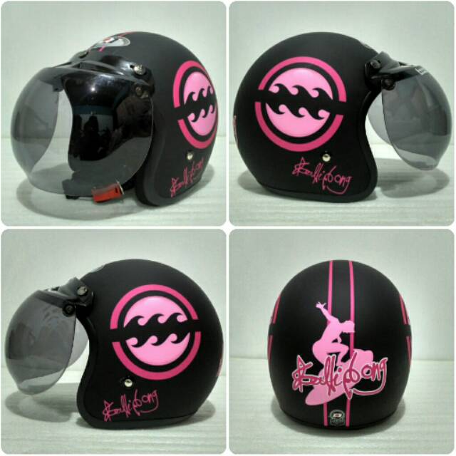 Helm Bogo JPN motif billabong hitam pink doff + kaca bogo cembung original