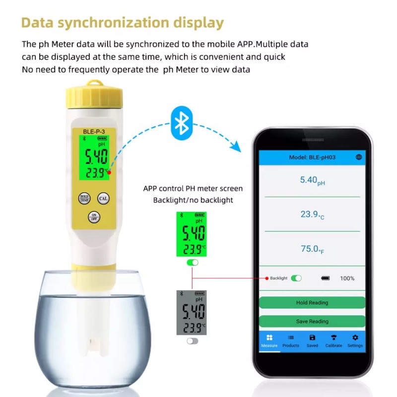 2 in 1 Bluetooth App Ios Android PH Meter Air + Suhu Digital BLE-P-3