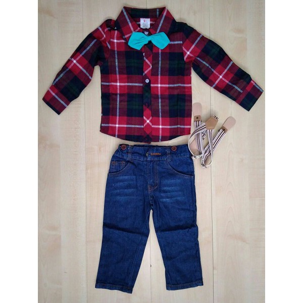 BABY BEAR PLAID RED SHIRT SET JEANS WITH SUSPENDER (BB17201)