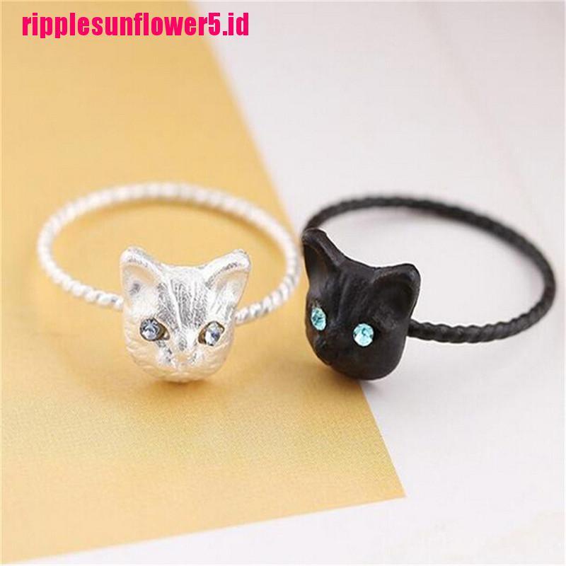 # Kaos T-Shirt Wanita Lengan Pendek Motif Print #1pc Cincin Berlian Imitasi Bentuk Kucing Mini Warna Hitam / Emas / Silver