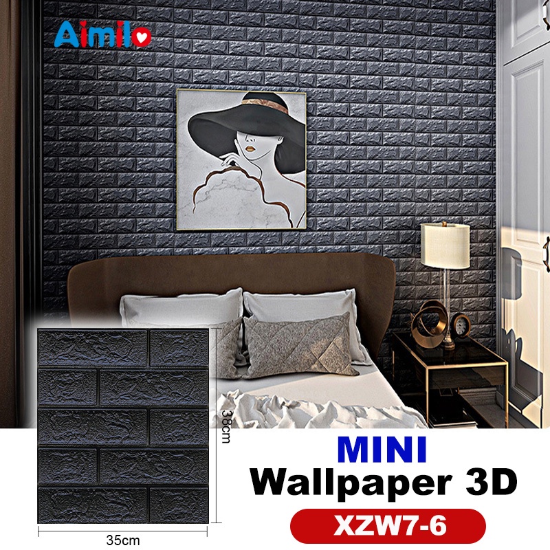 (Aimilo)  Wallpaper Dinding 3D Foam Motif Batu Bata Dekorasi Dinding Kamar Murah Ukuran 70 x 77 CM-MINI Hitam