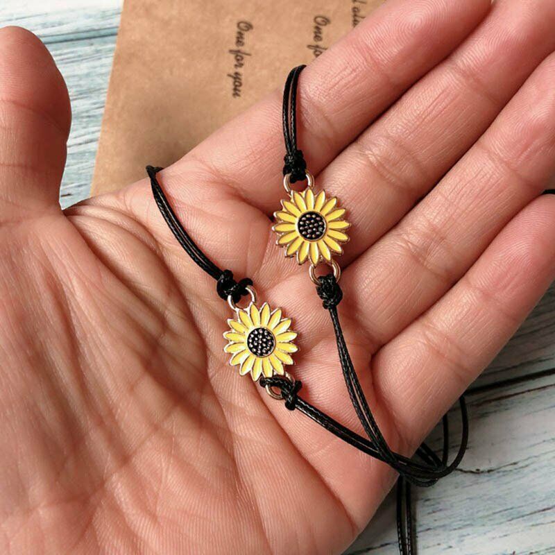 2pcs / set Gelang Persahabatan Desain Bunga Matahari Daisy Hati Dapat Disesuaikan Untuk Pasangan