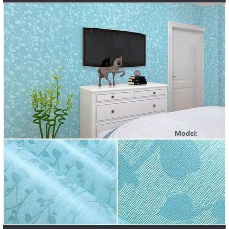 wallpaper stiker dinding motif biru tekstur daun merambat