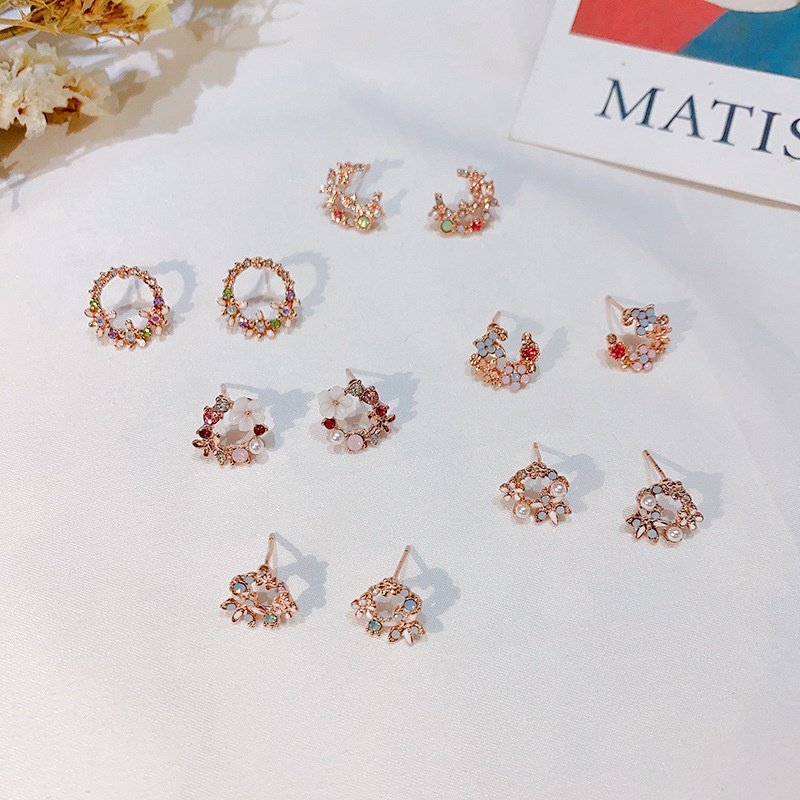 Anting stud Desain Bunga Chrysanthemum / Moon / Shell / Zircon Stone Warna pink Biru Ungu