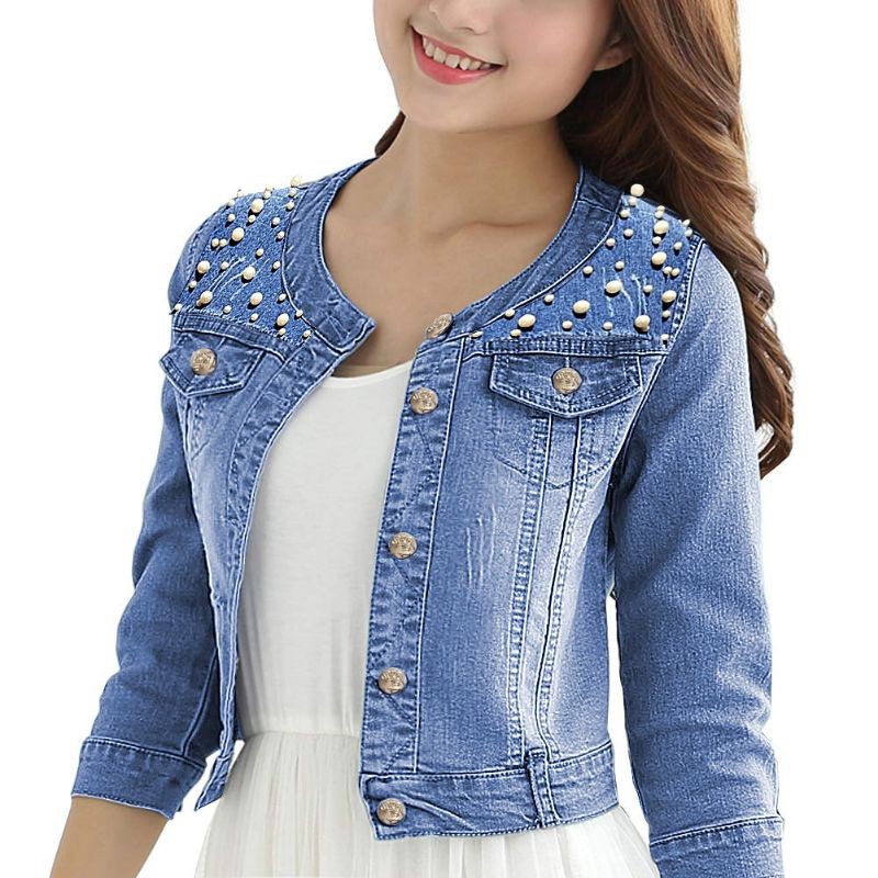 JAKET JEANS CROP MUTIARA TEMBAK LENGAN 7/8