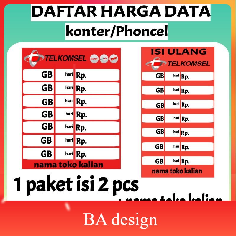 

1 PAKET ISI 2 PCS DAFTAR HARGA PAKET DATA TELKOMSEL KONTER 004 - BA Design