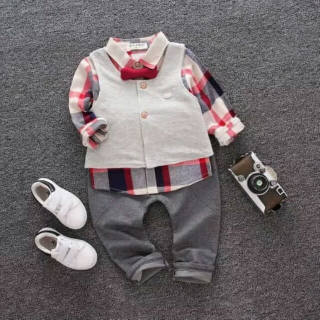 Baju Pesta Anak Laki Cowok Import Kemeja Kotak Merah Rompi Abu Dasi