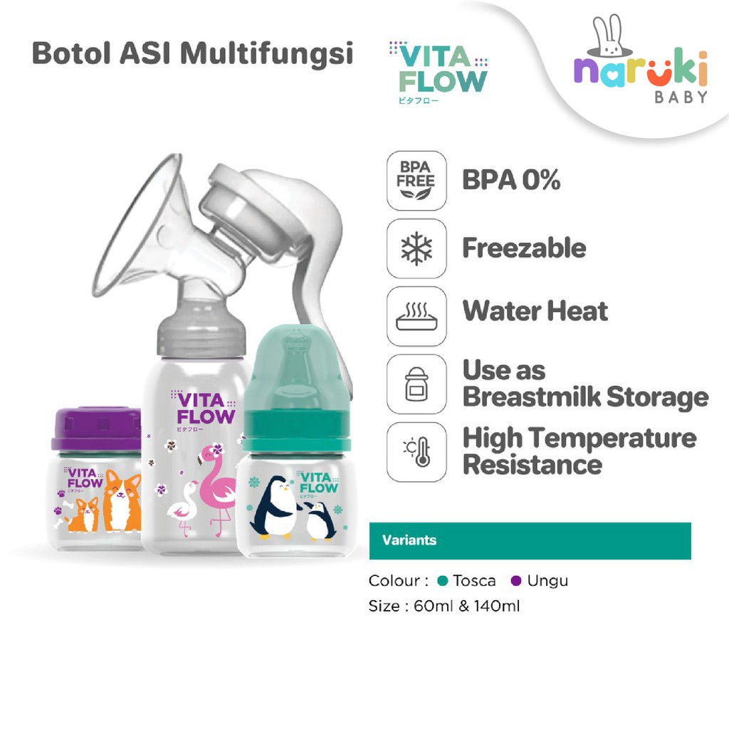 Vitaflow Botol ASI 3in1 PP 140ml isi 4pcs dan 60ml isi 8pcs Botol ASI Vita Flow