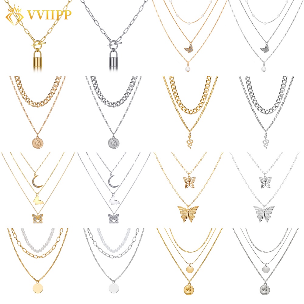 Kalung Rantai Multilayer Dengan Liontin Butterfly Lock Aksen Mutiara Kristal Untuk Wanita