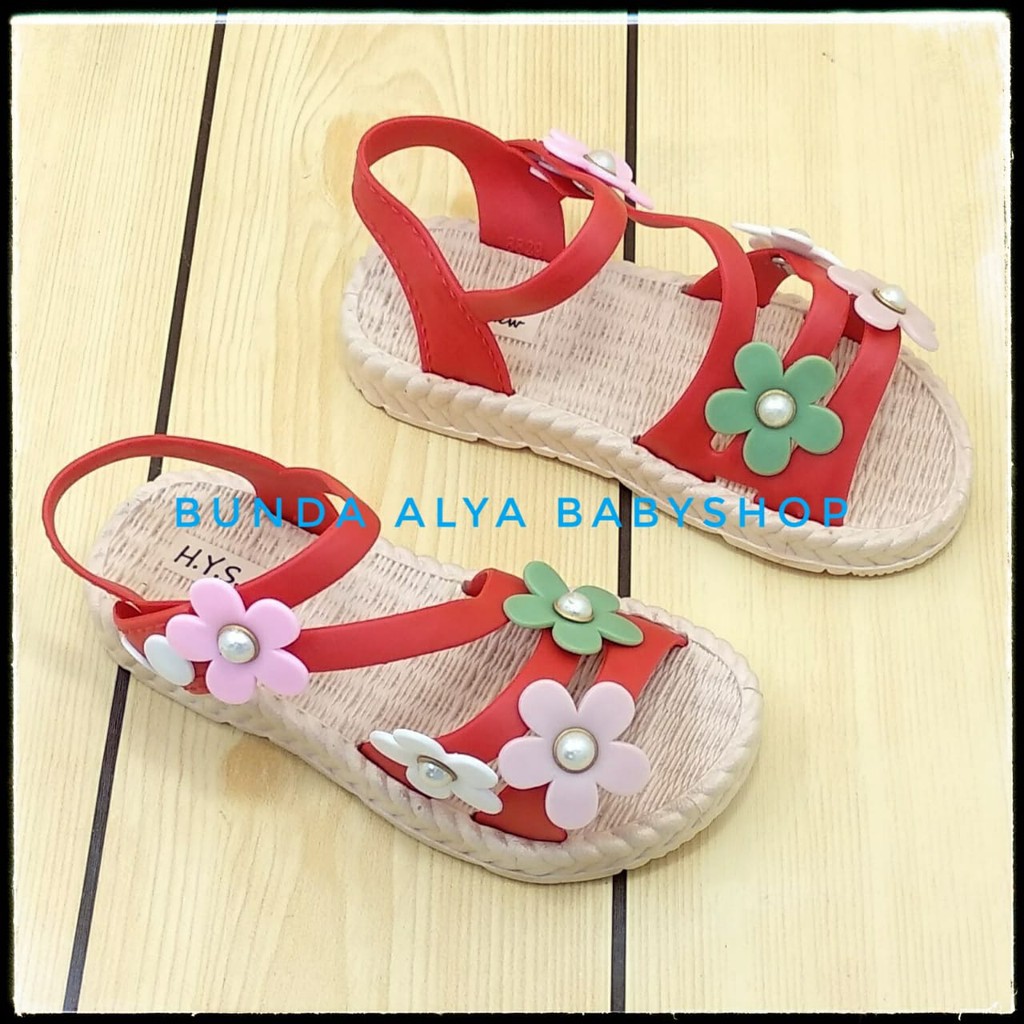 Sendal Anak Perempuan IMPORT Usia 4 5 6 Tahun MERAH - Sepatu Sandal Anak Cewek Tali Bunga Elastis Alas Karet Anti Licin