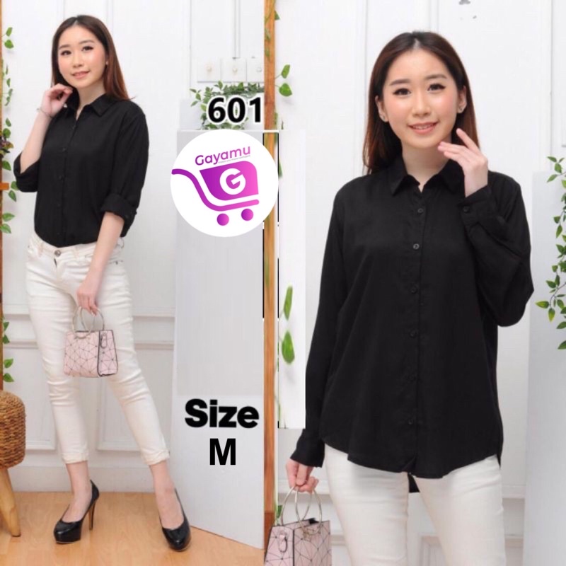 KEMEJA WANITA LENGAN PANJANG SIZE M&L (601)-Hitam M
