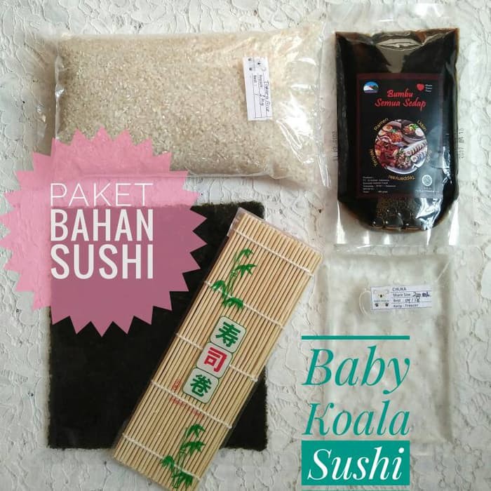

Paket 1 Bahan Dasar Sushi / Nori, Makisu, Beras, Cuka Seasoning, Shoyu - 5 Lembar Nori