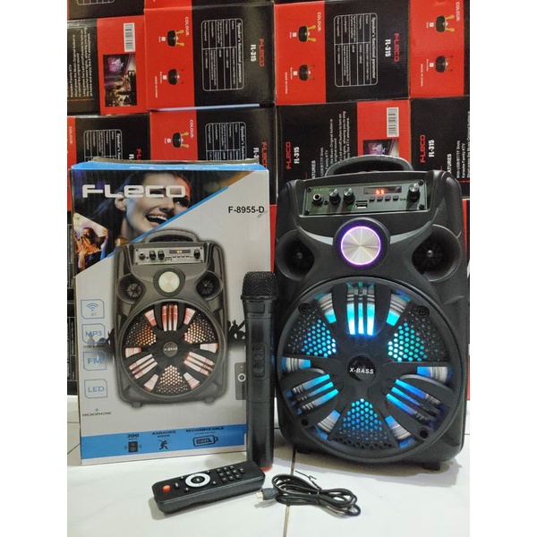 Speaker Bluetooth Karaoke Fleco F-8955D 8,5Inchi Bonus Mic Wireless Dan Remot FM Radio aux tv