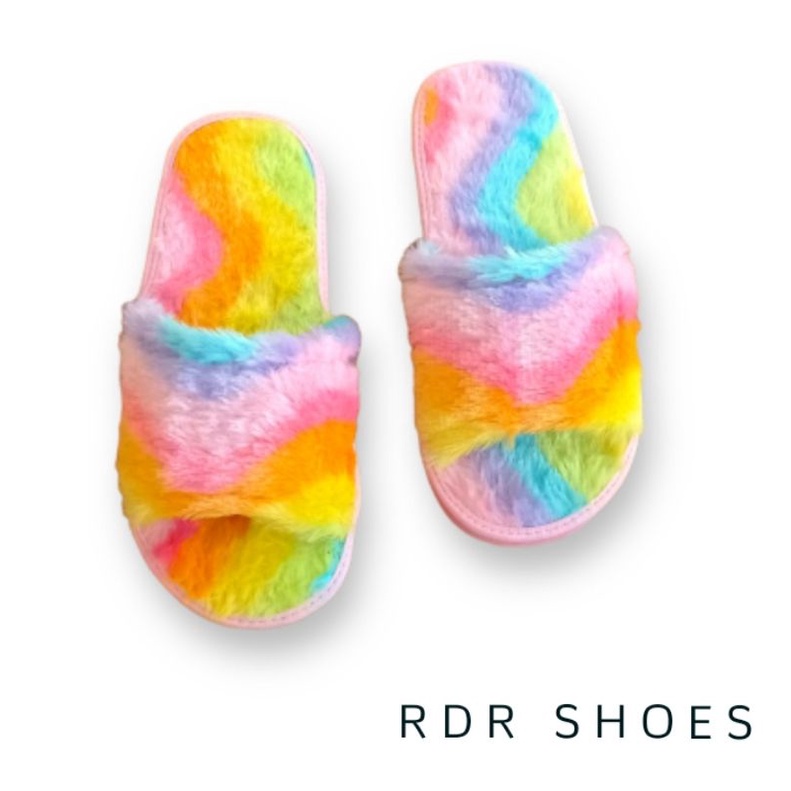 sandal rumah kokop full bulu pelangi - rainbow