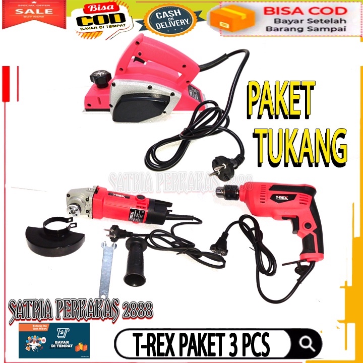 PAKET TUKANG KAYU MESIN PLANER/KETAM DAN MESIN BOR 10MM MESIN GERINDA TANGAN 4INCH T-REX